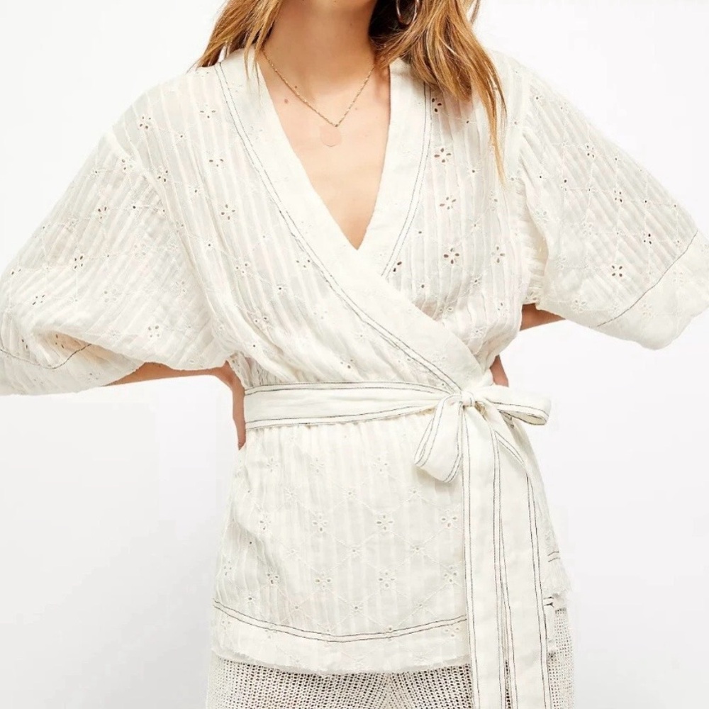FREE PEOPLE Cora Eyelet Ivory Wrap Top